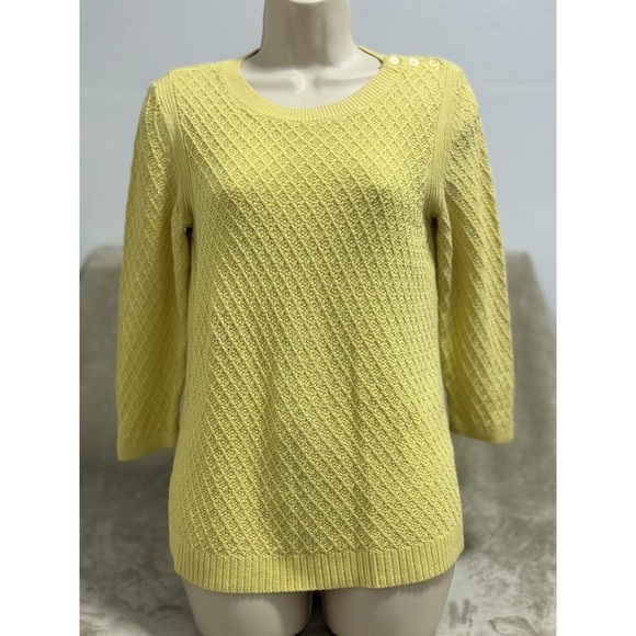 TALBOTS Button Shoulder Sweater M Yellow Cotton Crewneck Retro Twee Preppy - Picture 1 of 7